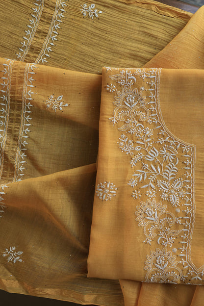 Mustard Shade Mal Cotton Fine Chikankari Unstitched Fabric