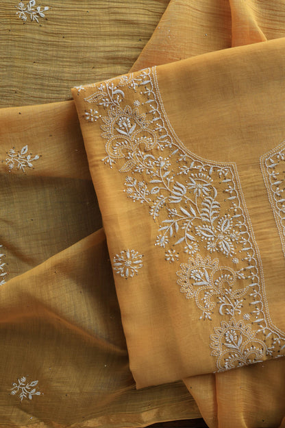 Mustard Shade Mal Cotton Fine Chikankari Unstitched Fabric