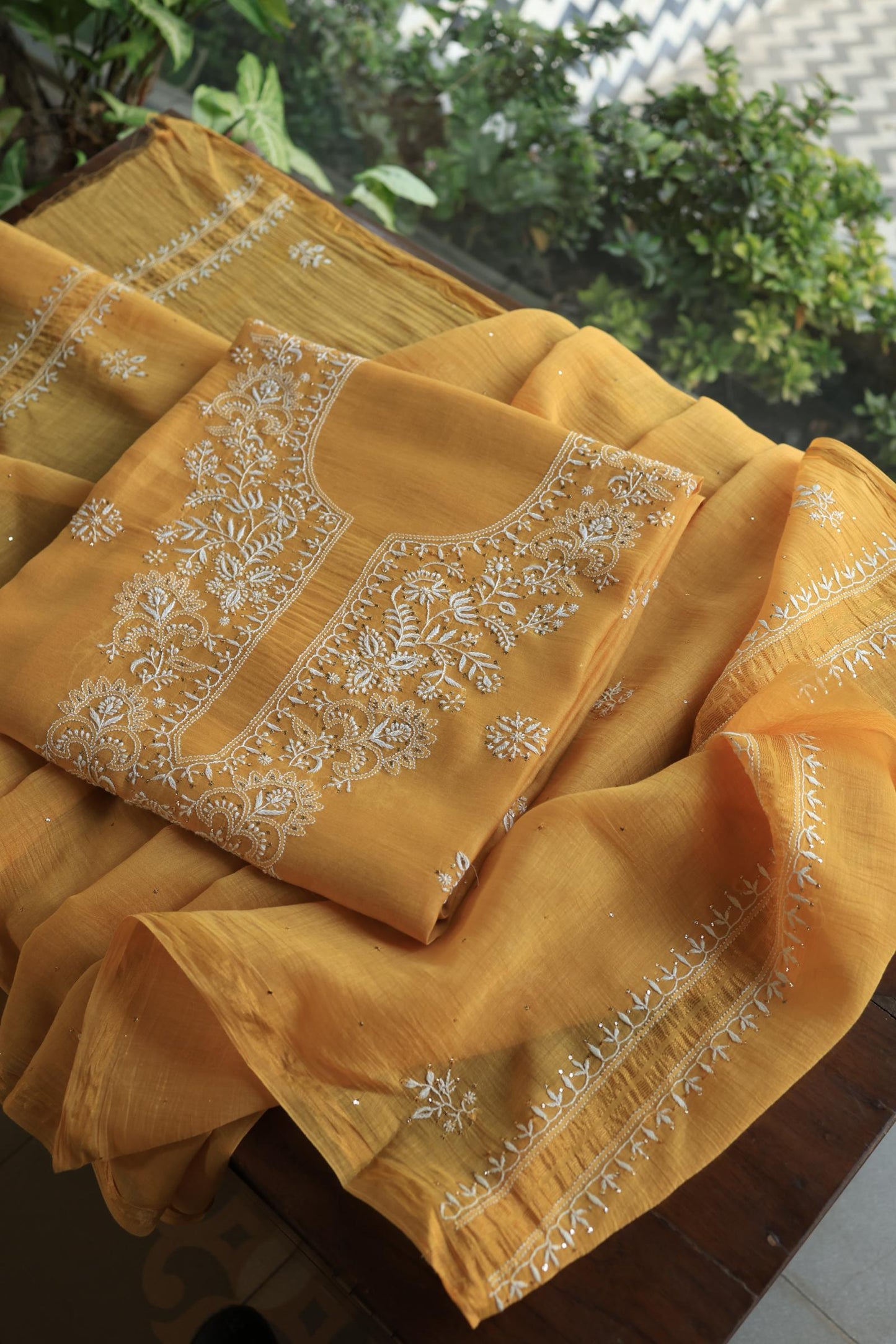 Mustard Shade Mal Cotton Fine Chikankari Unstitched Fabric