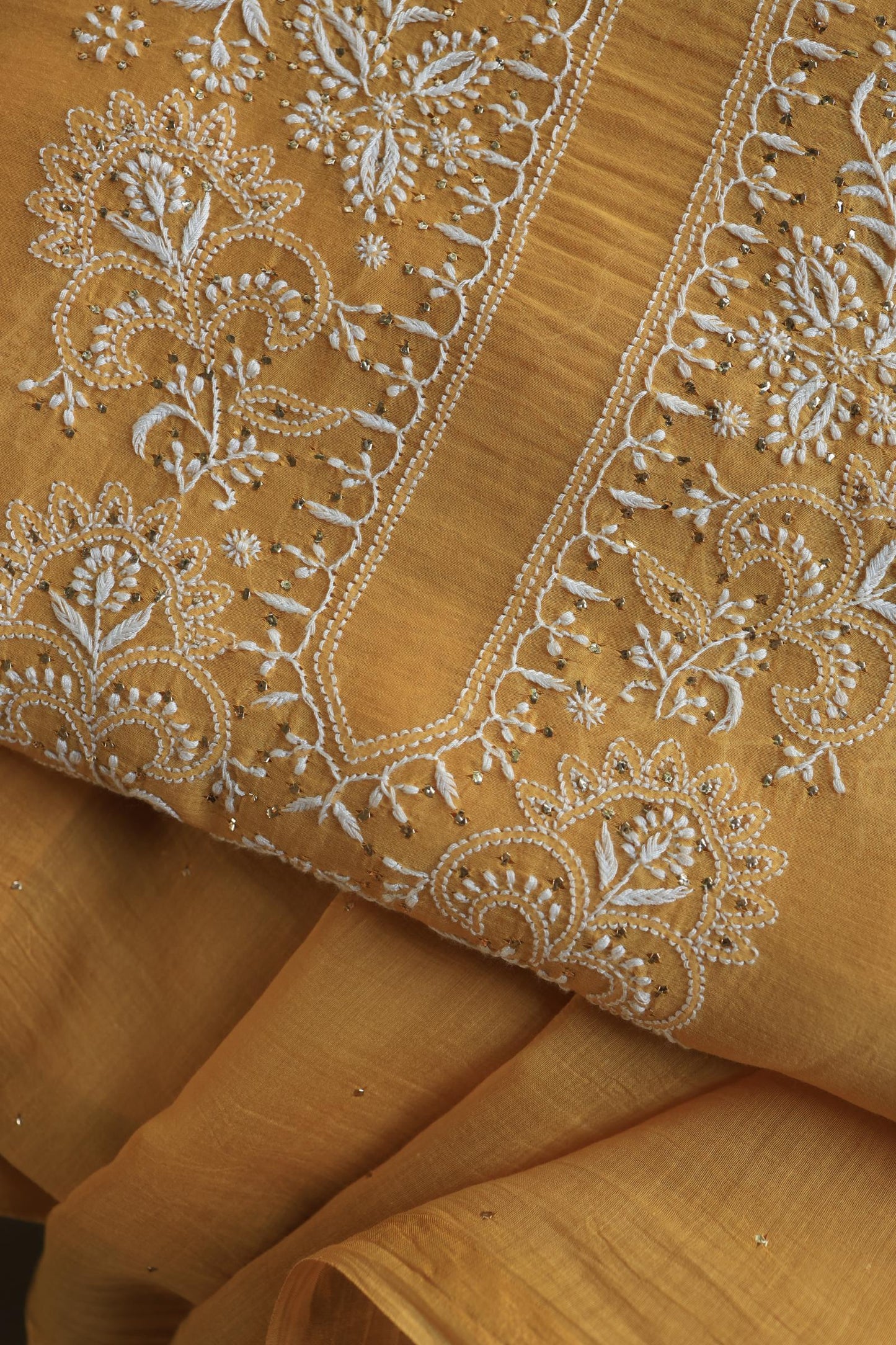 Mustard Shade Mal Cotton Fine Chikankari Unstitched Fabric