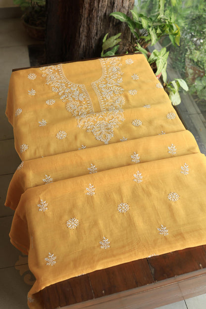Mustard Shade Mal Cotton Fine Chikankari Unstitched Fabric