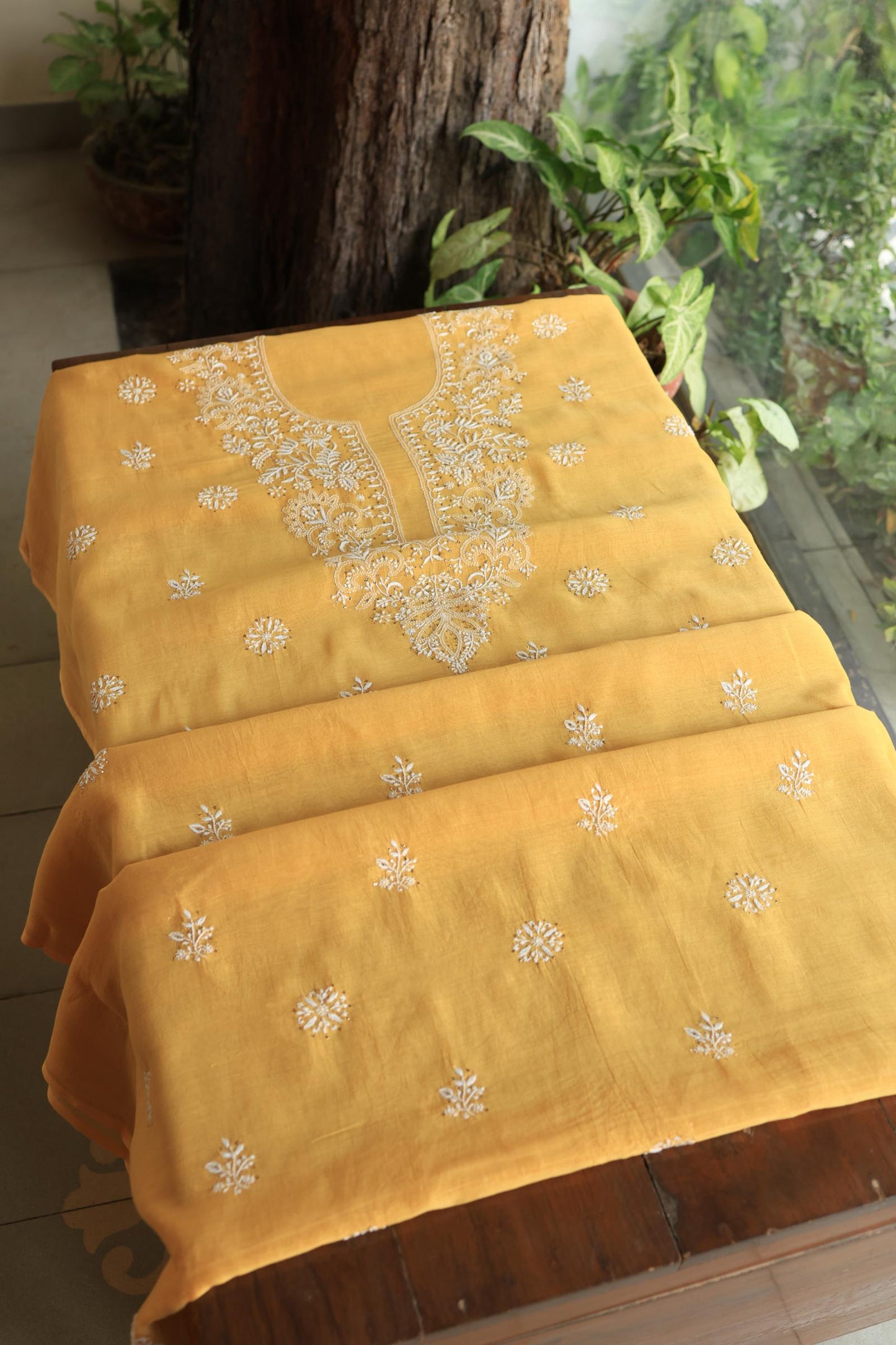 Mustard Shade Mal Cotton Fine Chikankari Unstitched Fabric