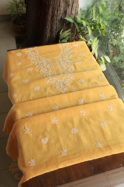 Mustard Shade Mal Cotton Fine Chikankari Unstitched Fabric