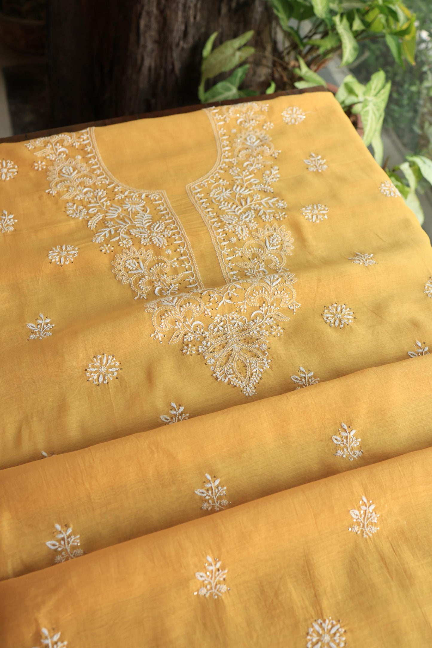 Mustard Shade Mal Cotton Fine Chikankari Unstitched Fabric