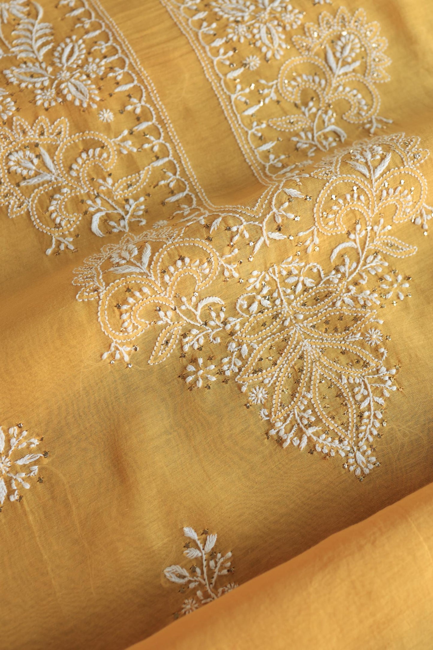 Mustard Shade Mal Cotton Fine Chikankari Unstitched Fabric