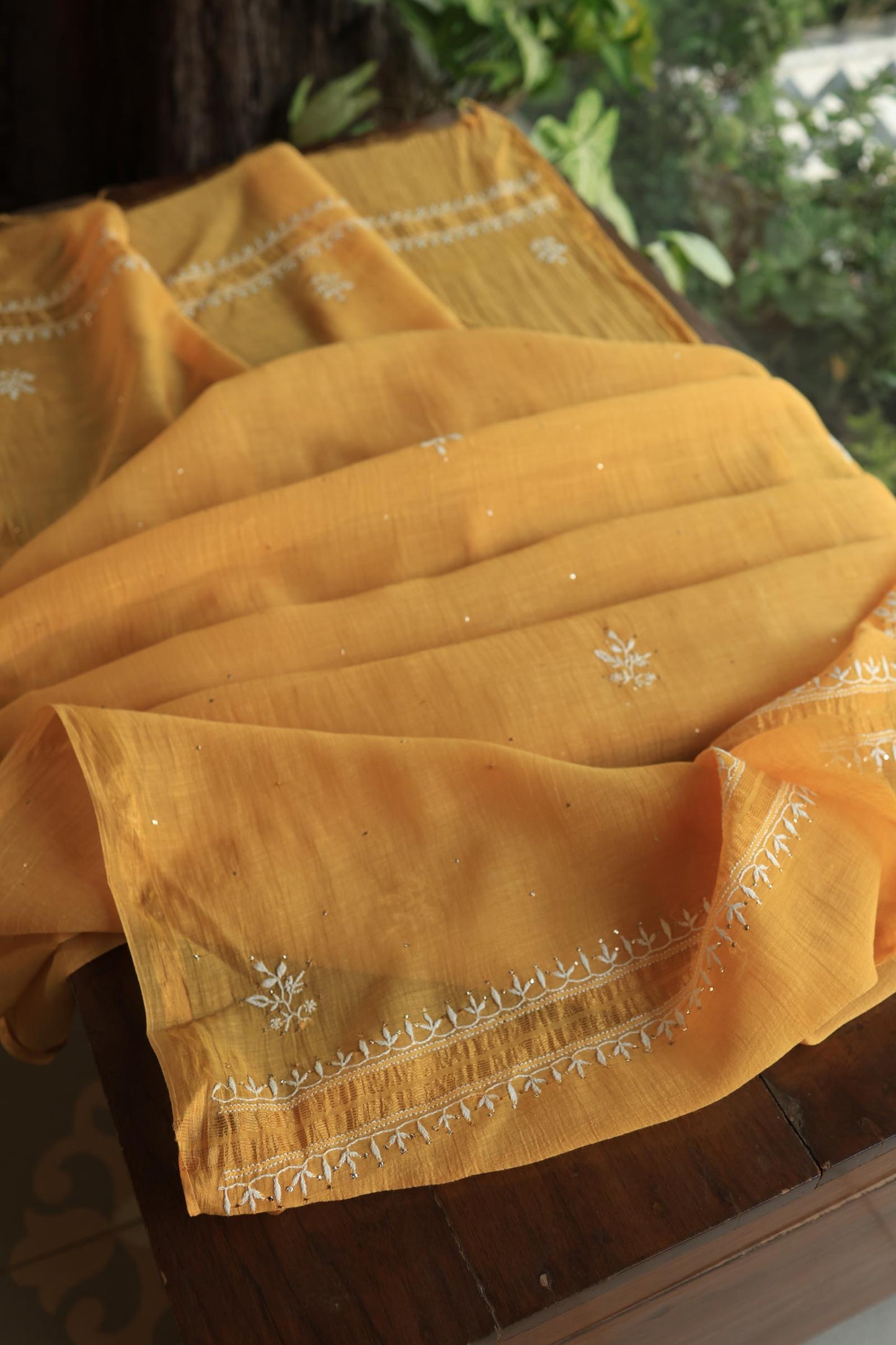 Mustard Shade Mal Cotton Fine Chikankari Unstitched Fabric