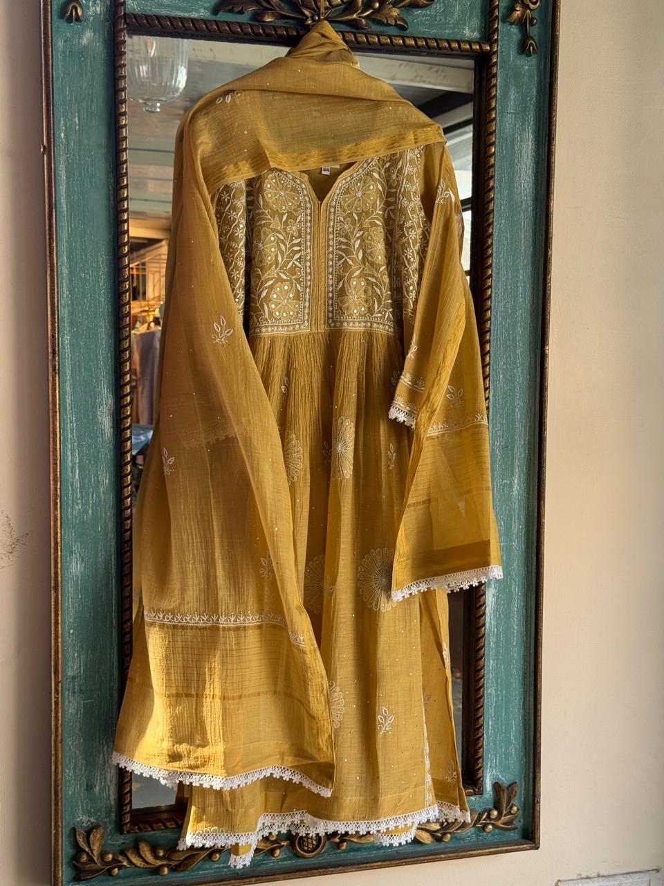 Mustard Shade Malmal Mukaish Kamdani Chikankari Kurta Set
