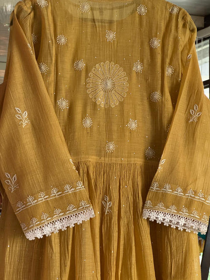 Mustard Shade Malmal Mukaish Kamdani Chikankari Kurta Set