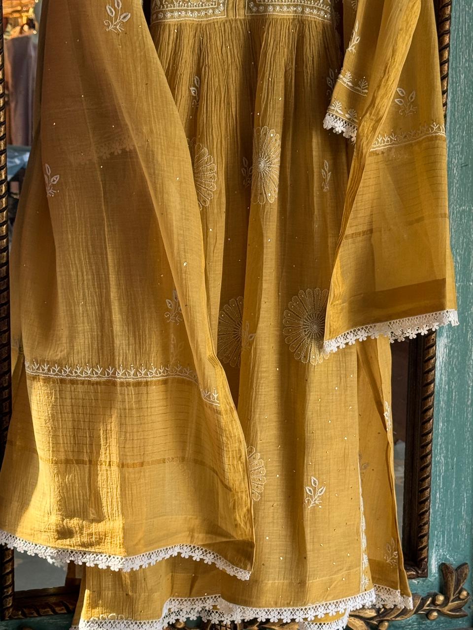 Mustard Shade Malmal Mukaish Kamdani Chikankari Kurta Set