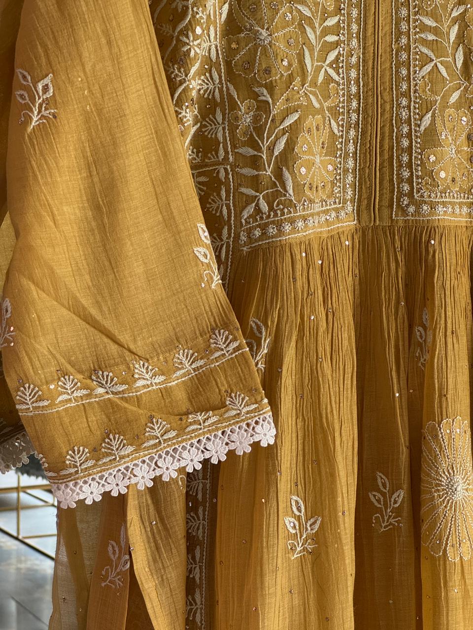 Mustard Shade Malmal Mukaish Kamdani Chikankari Kurta Set