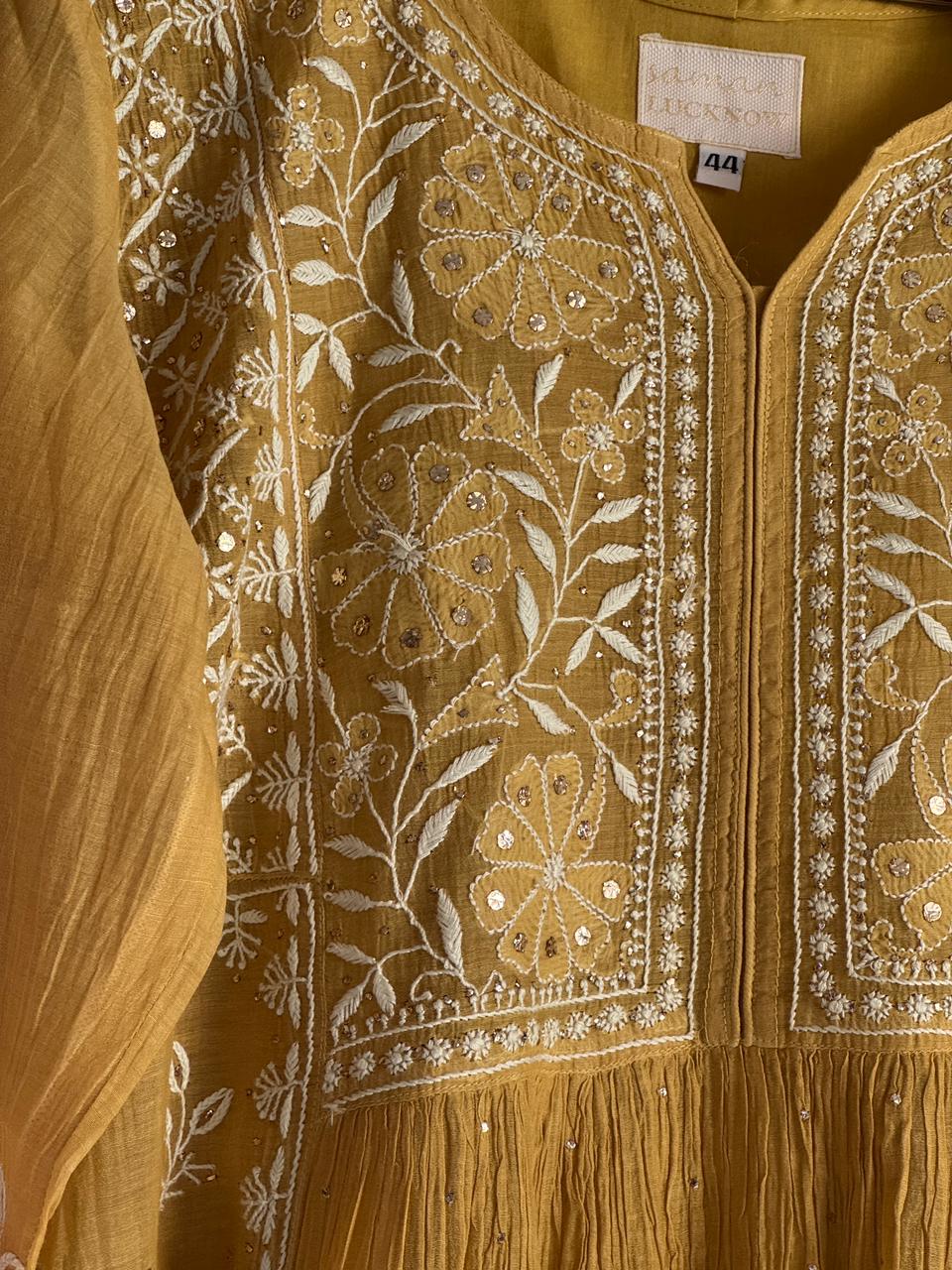 Mustard Shade Malmal Mukaish Kamdani Chikankari Kurta Set