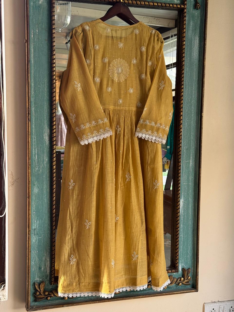 Mustard Shade Malmal Mukaish Kamdani Chikankari Kurta Set
