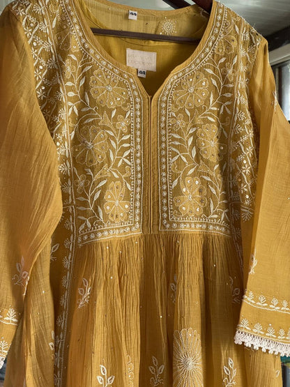 Mustard Shade Malmal Mukaish Kamdani Chikankari Kurta Set
