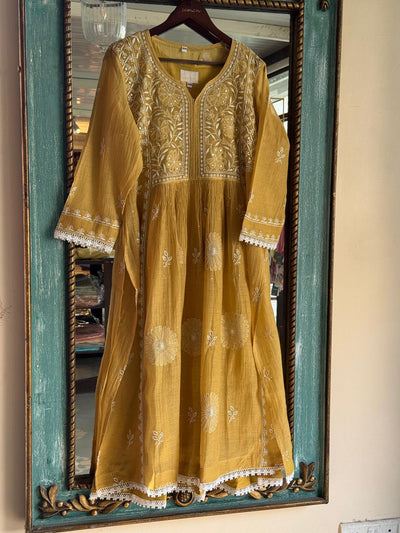 Mustard Shade Malmal Mukaish Kamdani Chikankari Kurta Set