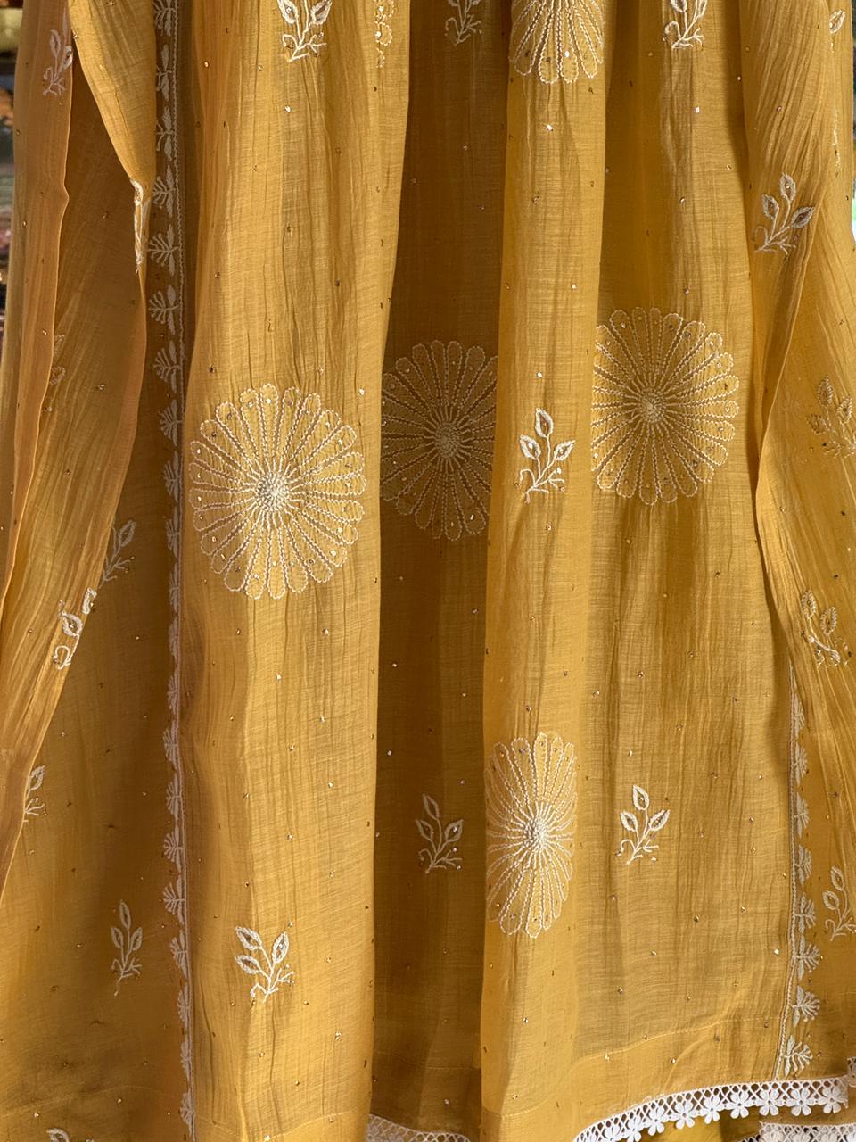 Mustard Shade Malmal Mukaish Kamdani Chikankari Kurta Set