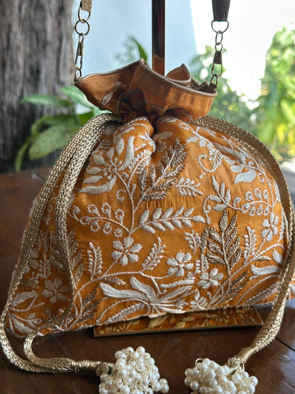 Mustard Shade Raw Silk Chikankari Polti Bag