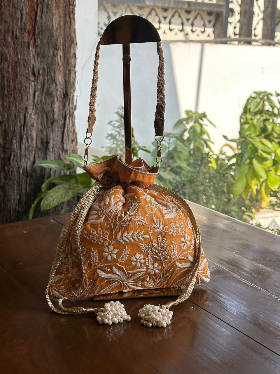 Mustard Shade Raw Silk Chikankari Polti Bag