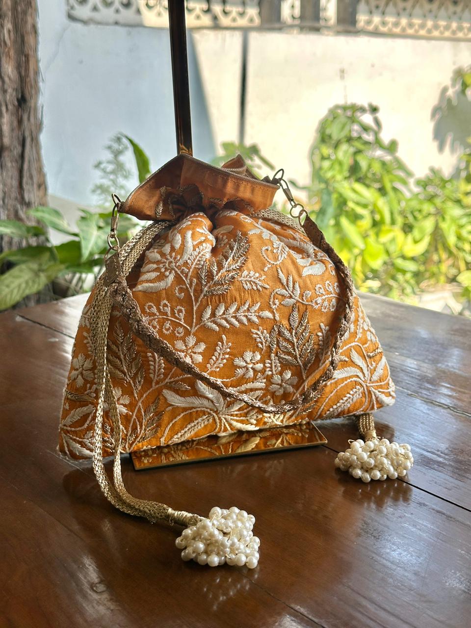 Mustard Shade Raw Silk Chikankari Polti Bag
