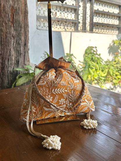 Mustard Shade Raw Silk Chikankari Polti Bag