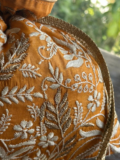 Mustard Shade Raw Silk Chikankari Polti Bag