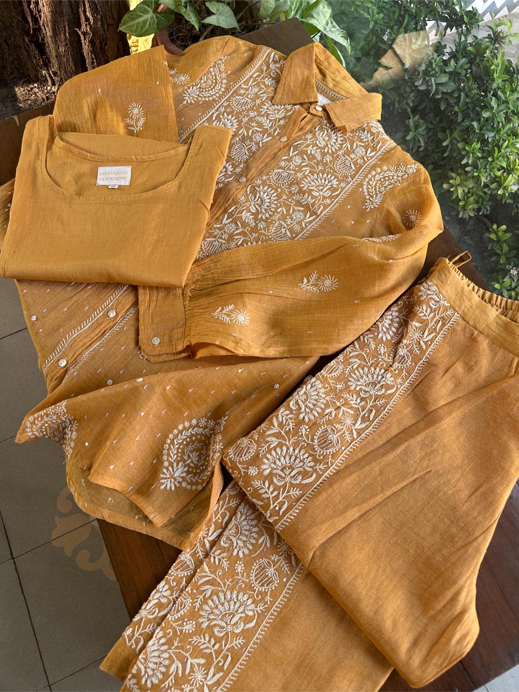 Mustard Shade Tissue Silk Chikankari Co-Ord Set