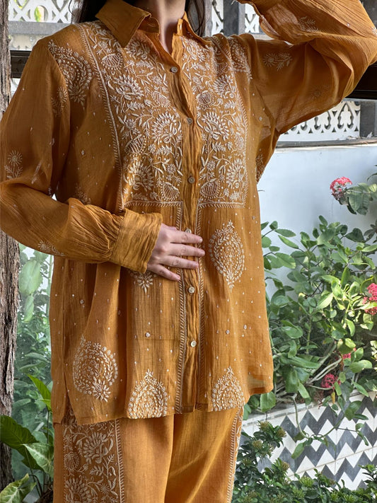 Mustard Shade Tissue Silk Chikankari Co-Ord Set