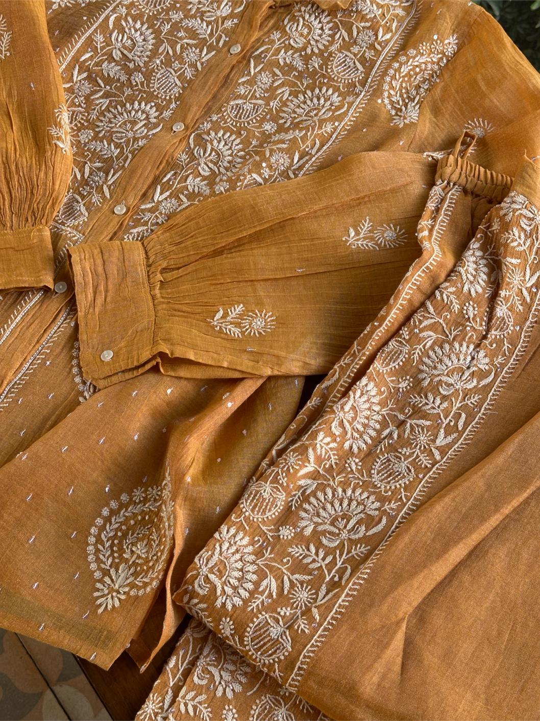 Mustard Shade Tissue Silk Chikankari Co-Ord Set