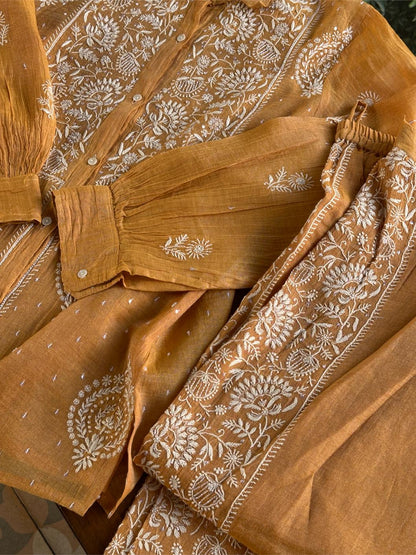Mustard Shade Tissue Silk Chikankari Co-Ord Set