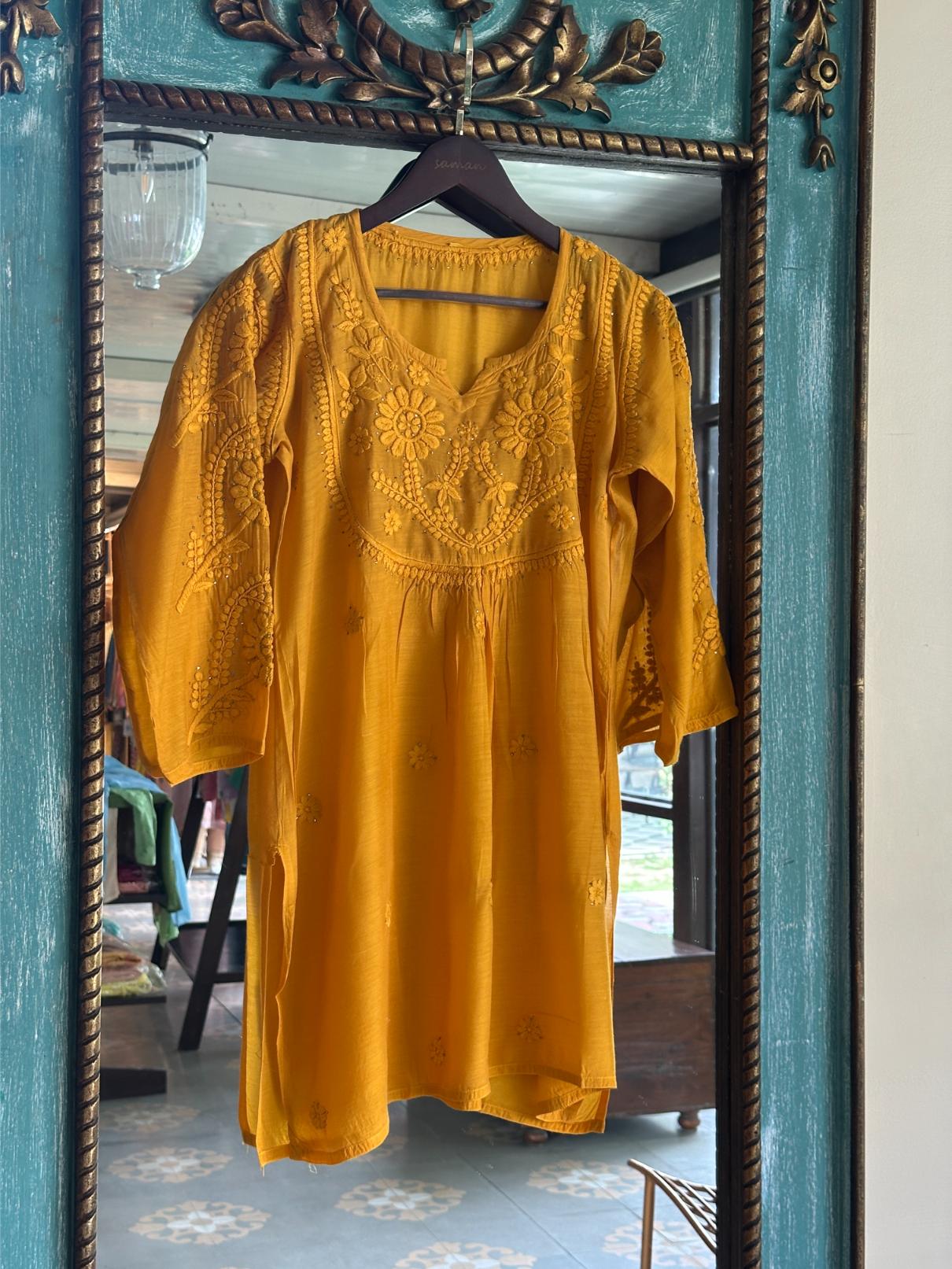 Mustard Yellow Chanderi Mukaish Kamdani Short Kurti
