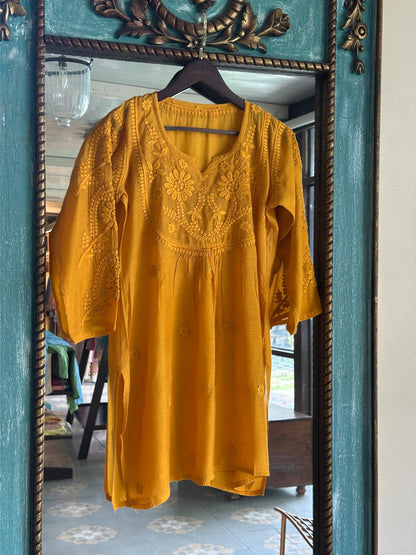 Mustard Yellow Chanderi Mukaish Kamdani Short Kurti