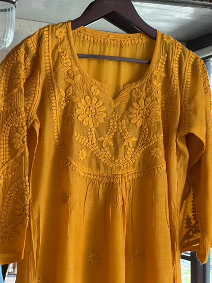Mustard Yellow Chanderi Mukaish Kamdani Short Kurti