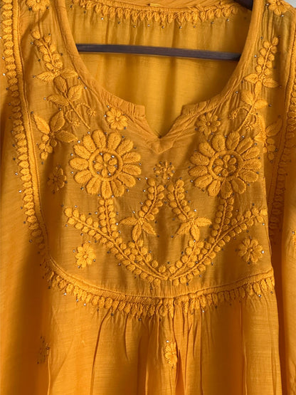 Mustard Yellow Chanderi Mukaish Kamdani Short Kurti