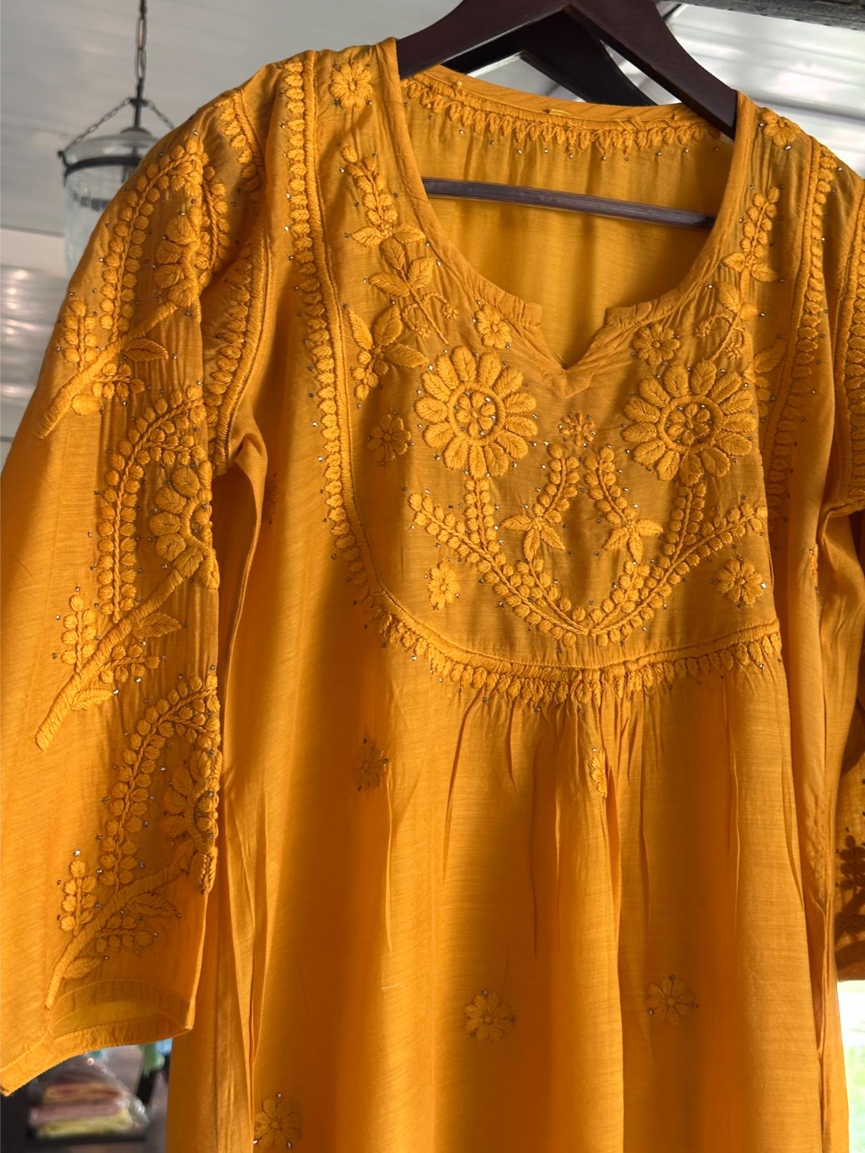 Mustard Yellow Chanderi Mukaish Kamdani Short Kurti