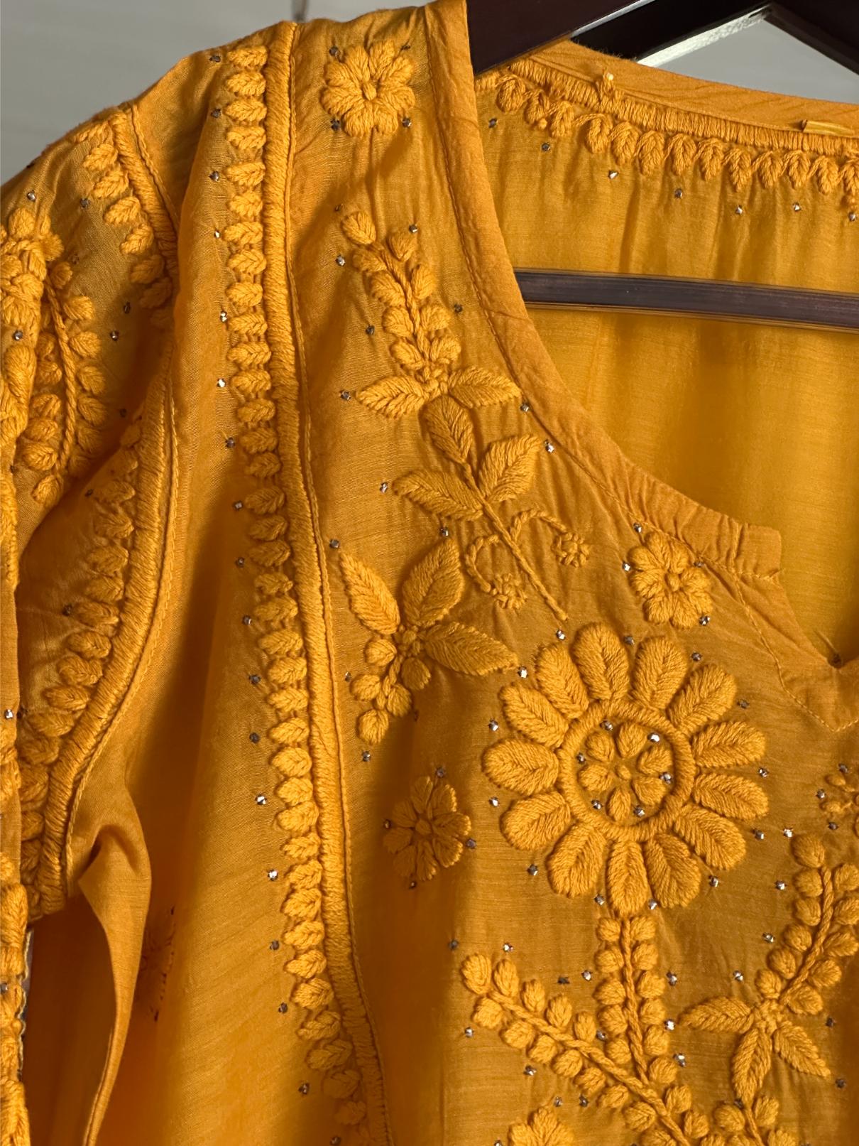 Mustard Yellow Chanderi Mukaish Kamdani Short Kurti