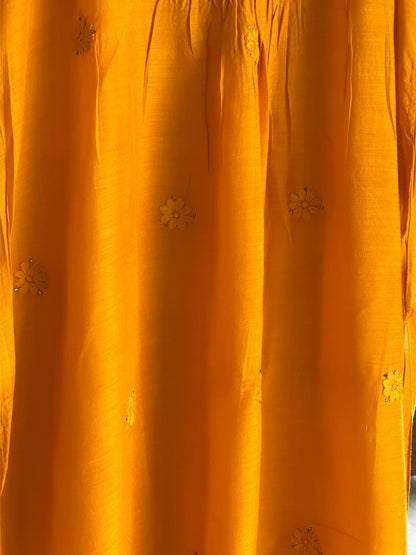 Mustard Yellow Chanderi Mukaish Kamdani Short Kurti