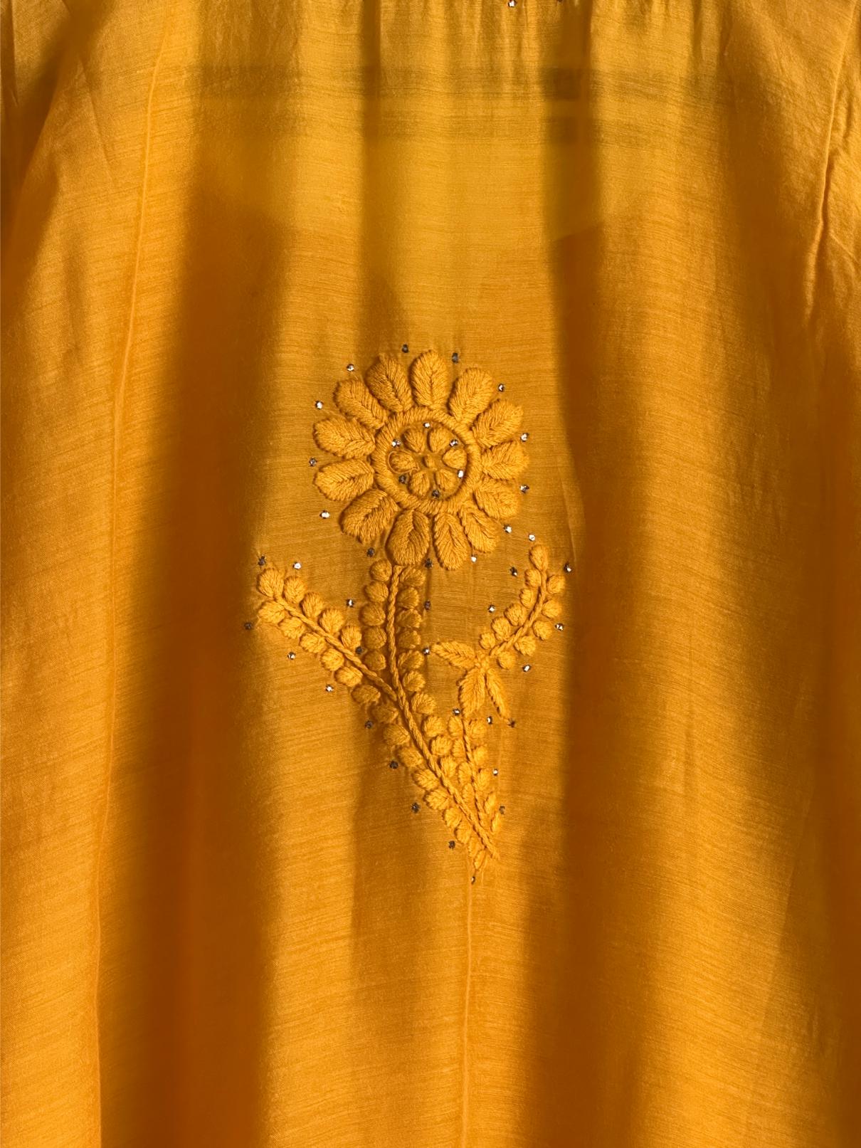 Mustard Yellow Chanderi Mukaish Kamdani Short Kurti