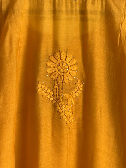 Mustard Yellow Chanderi Mukaish Kamdani Short Kurti
