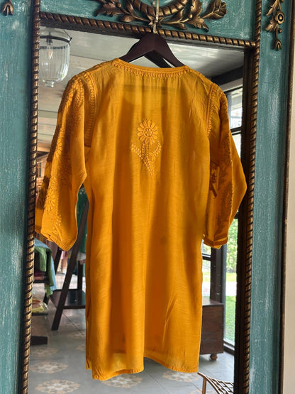 Mustard Yellow Chanderi Mukaish Kamdani Short Kurti