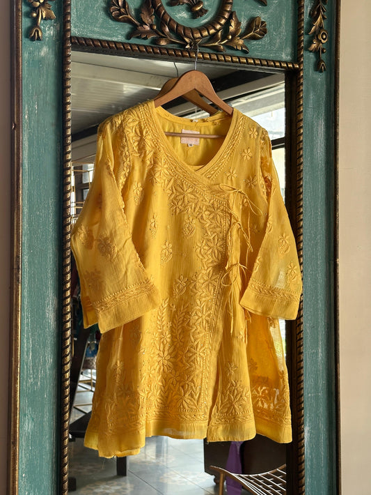 Mustard Yellow Kota Chikankari Embroidered Short Angarkha Style Top