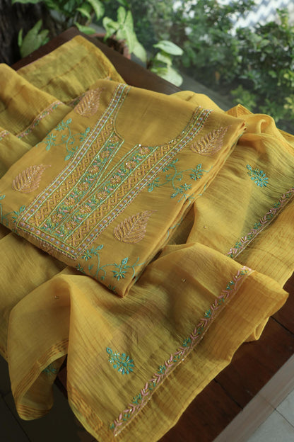 Mustard Yellow Mal Chanderi Silk Chikankari With Sequins Unstitched Kurta Dupatta Set