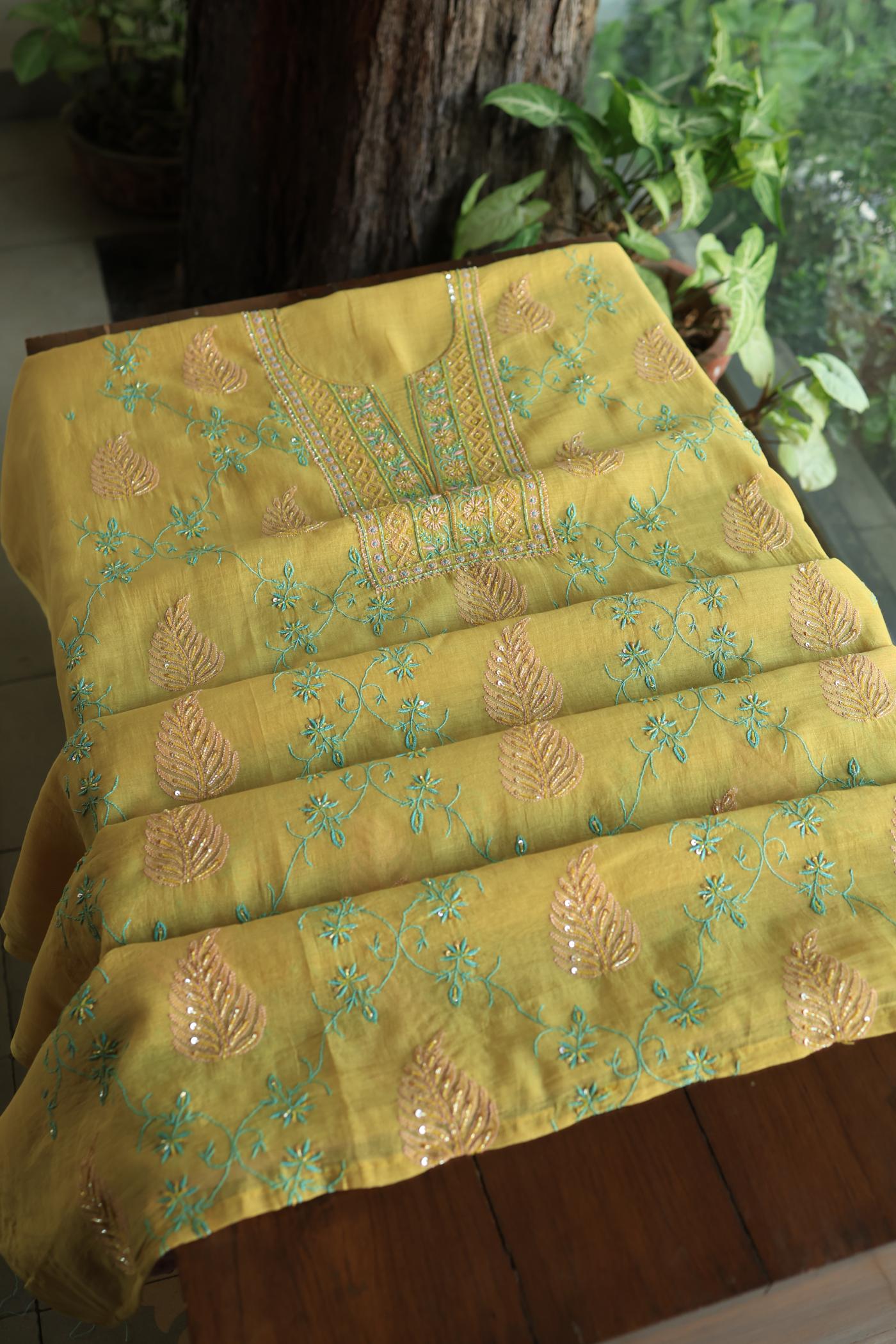 Mustard Yellow Mal Chanderi Silk Chikankari With Sequins Unstitched Kurta Dupatta Set