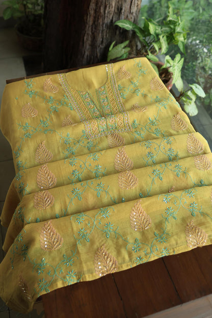 Mustard Yellow Mal Chanderi Silk Chikankari With Sequins Unstitched Kurta Dupatta Set
