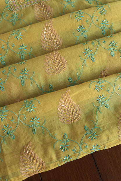 Mustard Yellow Mal Chanderi Silk Chikankari With Sequins Unstitched Kurta Dupatta Set