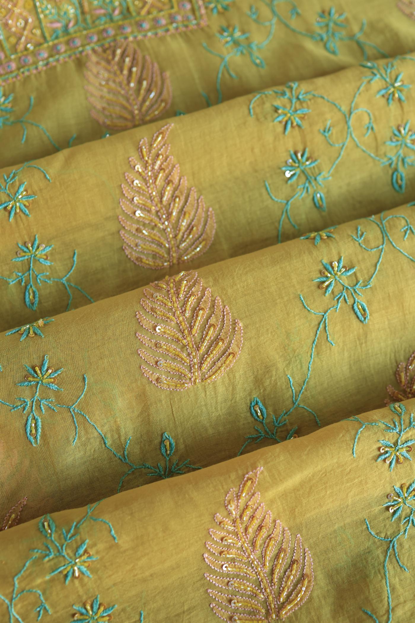 Mustard Yellow Mal Chanderi Silk Chikankari With Sequins Unstitched Kurta Dupatta Set