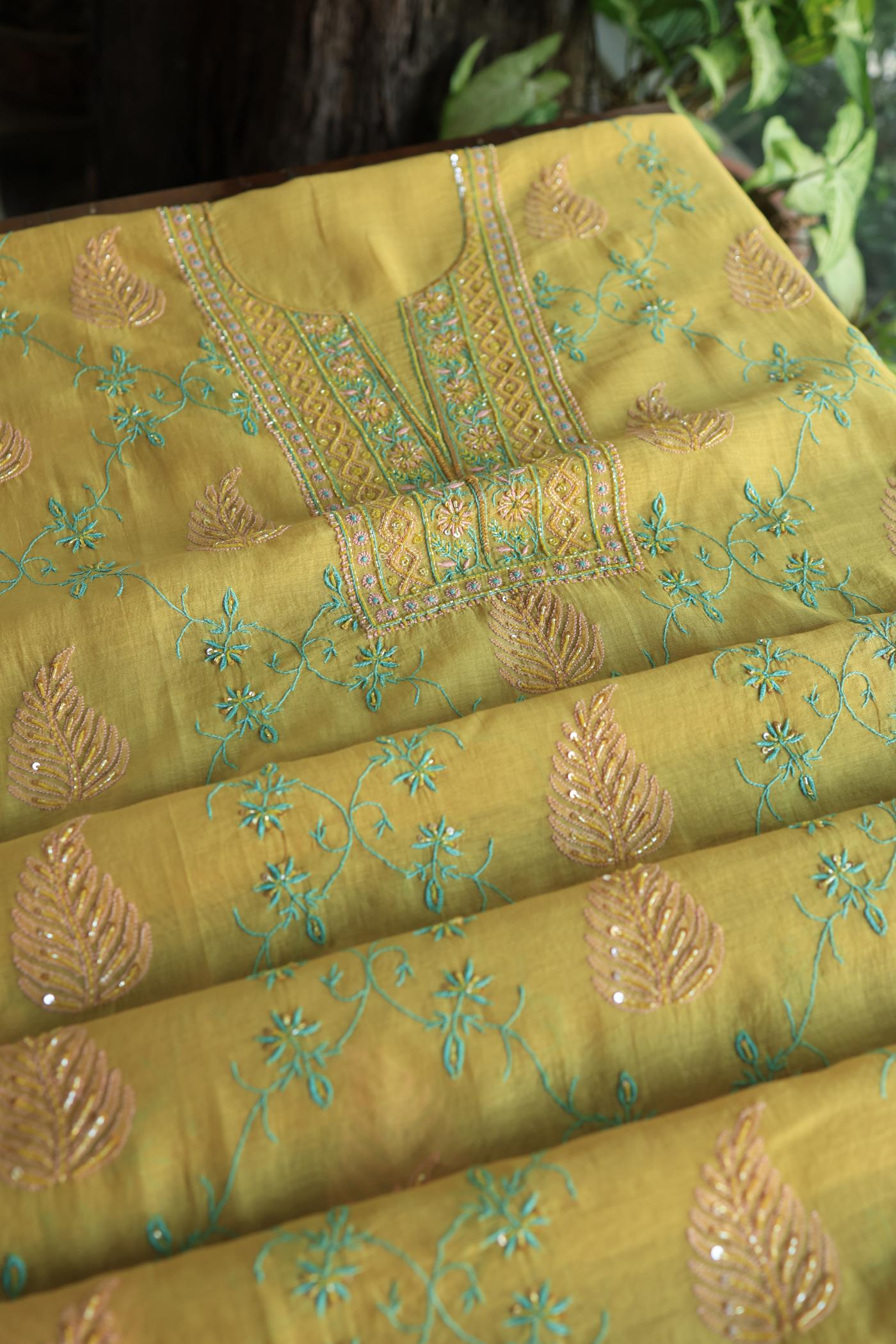 Mustard Yellow Mal Chanderi Silk Chikankari With Sequins Unstitched Kurta Dupatta Set