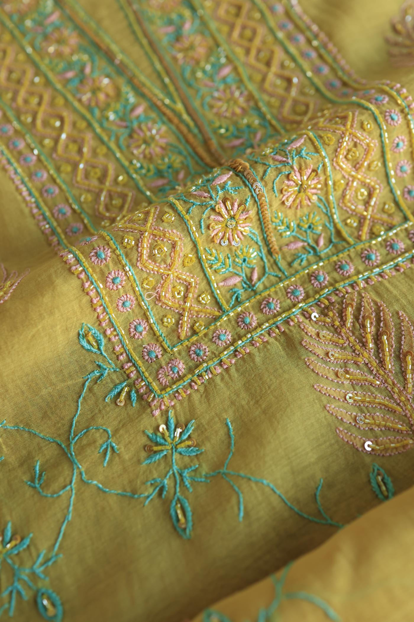 Mustard Yellow Mal Chanderi Silk Chikankari With Sequins Unstitched Kurta Dupatta Set