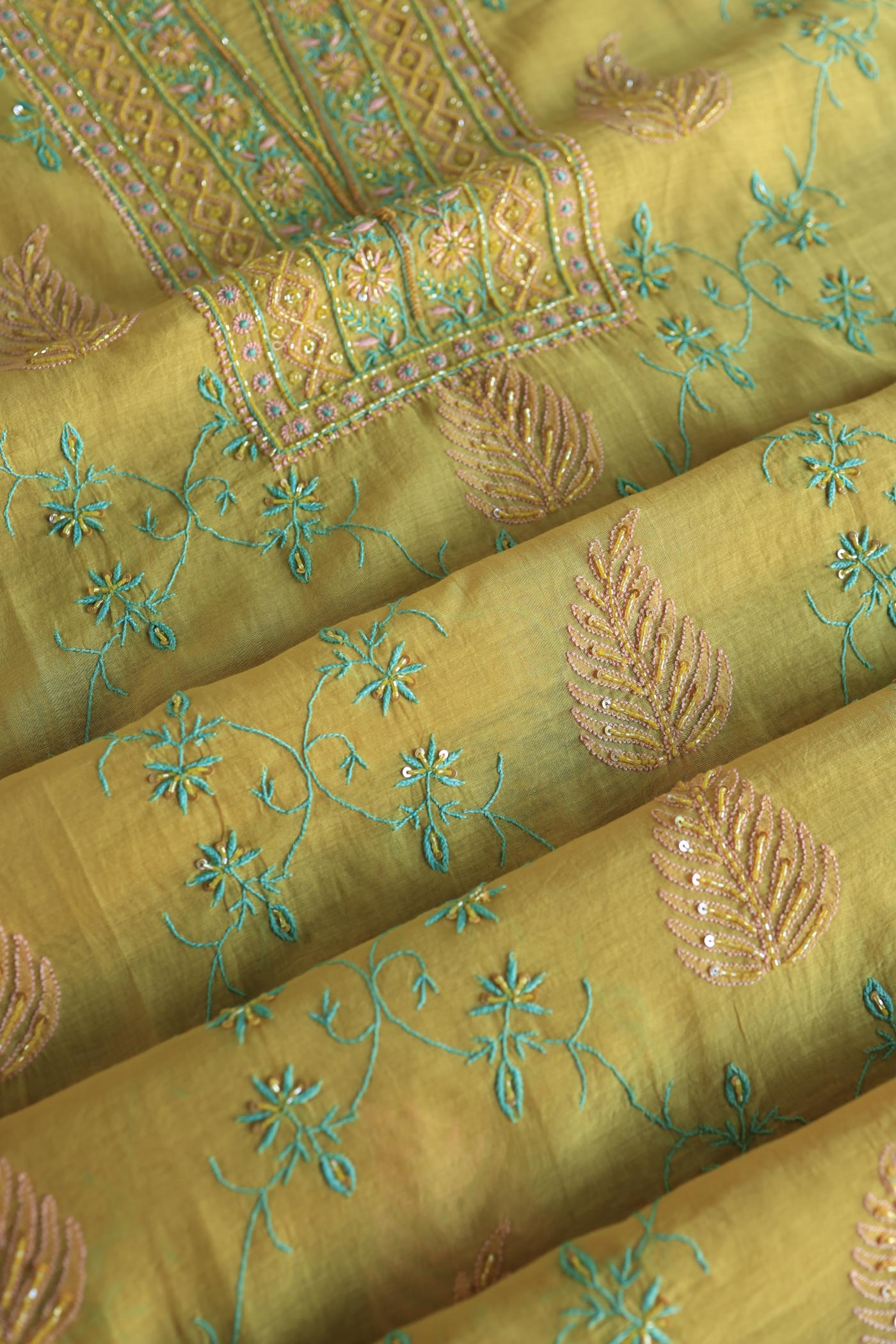 Mustard Yellow Mal Chanderi Silk Chikankari With Sequins Unstitched Kurta Dupatta Set