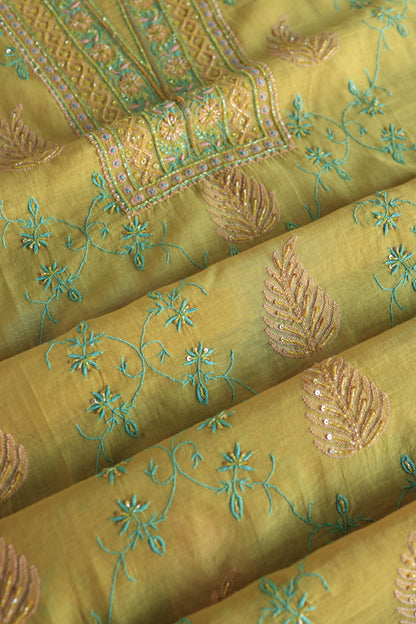 Mustard Yellow Mal Chanderi Silk Chikankari With Sequins Unstitched Kurta Dupatta Set