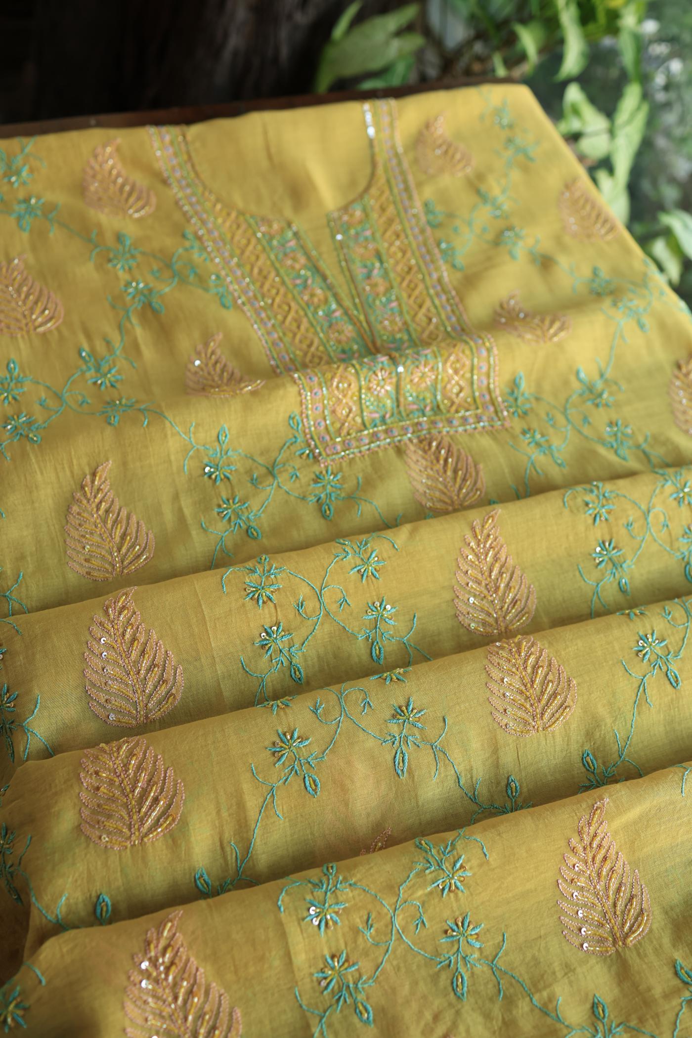 Mustard Yellow Mal Chanderi Silk Chikankari With Sequins Unstitched Kurta Dupatta Set