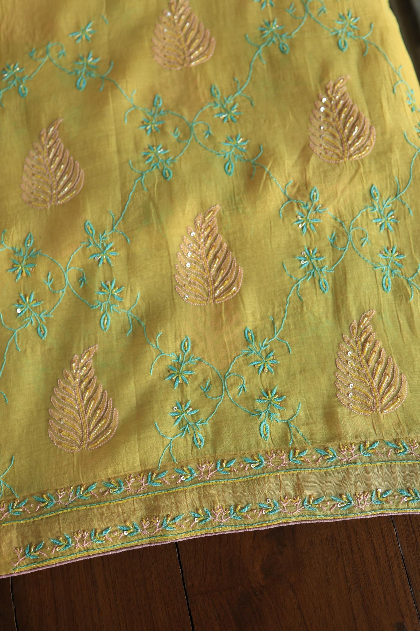 Mustard Yellow Mal Chanderi Silk Chikankari With Sequins Unstitched Kurta Dupatta Set